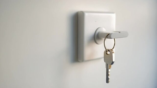 Key hangs on a white hook mounted on a wall.