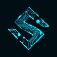 Neon glowing letter S made of circuit board lines on a dark background. Futuristic technology concept with digital abstract design.