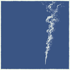Detailed white smoke plume rising against a deep blue background, abstract illustration of vapor, gas, or fog effect with copy space