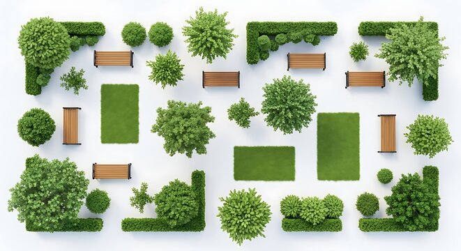 Top view of park landscape design elements including trees, bushes, hedges, lawns, and benches, realistic 3D illustration for urban planning, architecture, and garden design visualization