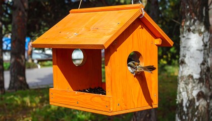 Orange Bird Feeder Hanging in Tree.