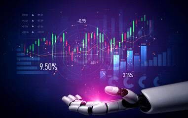 A futuristic robotic hand interacts with vibrant stock market data and graphs, symbolizing the...