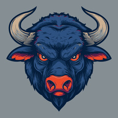 Fierce Bull Head Illustration with Detailed Horns and Glowing Red Eyes, Powerful and Aggressive Animal Mascot Design