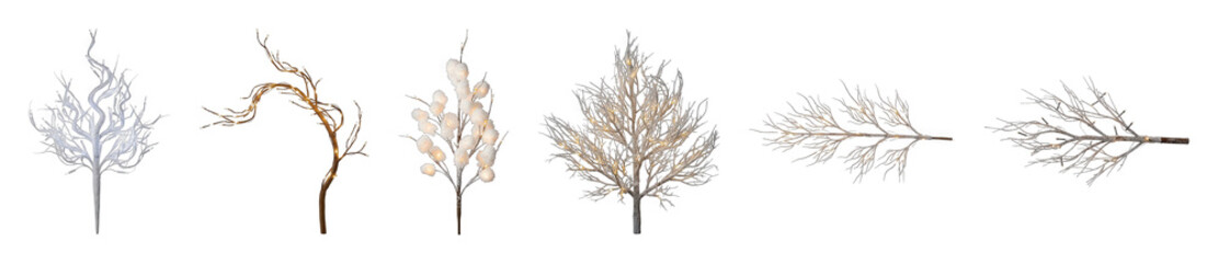Fototapeta premium Decorative branch set including white flocked, natural brown, pom-pom, and illuminated frosted elements isolated. Winter holiday and seasonal design accents.