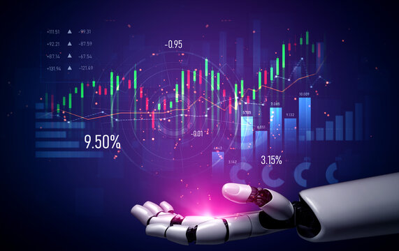 A futuristic robotic hand interacts with vibrant stock market data and graphs, symbolizing the integration of technology in financial analysis and decision-making. Scalp