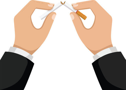 Man's Hands Breaking a Cigarette to Quit Smoking Concept