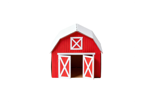 Isolated Red Barn Paper Model with White Trim on White Background