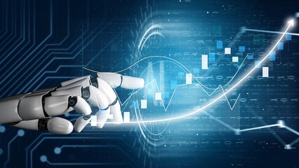 A robotic hand reaches out toward dynamic digital graphs and data visualizations, representing the synergy between technology and business insights in a modern era. Copula