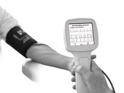 Tonometer and cardiogram showing diagnosis of atrial fibrillation,
