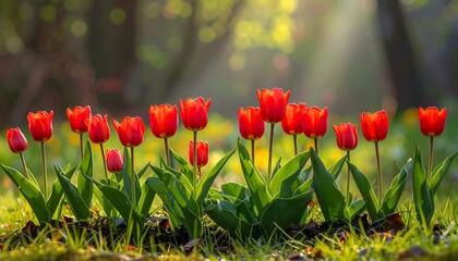 Vibrant Red Tulips in Spring Garden.