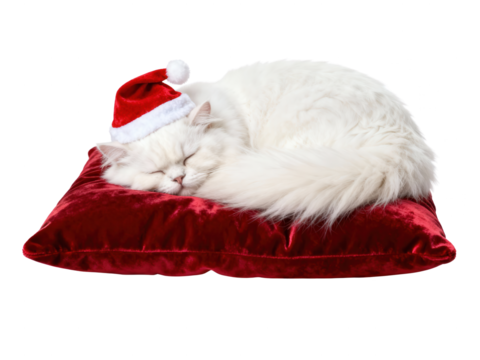 Sleeping Cat in Santa Hat on Red Velvet Pillow