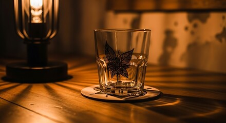 Illuminated glass with leaf design on a wooden surface.