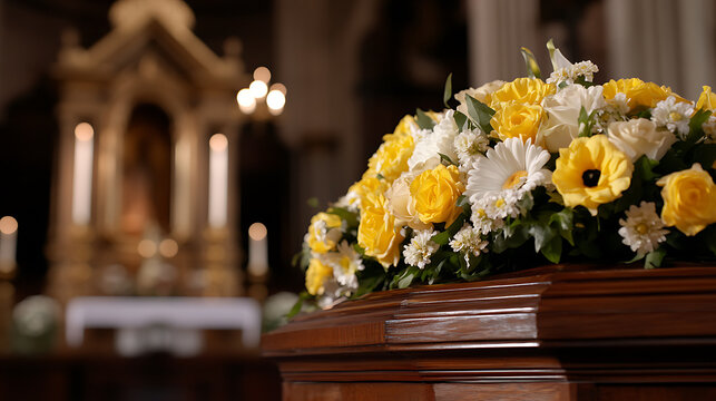 Floral arrangement adorns a polished casket, set against an ecclesiastical backdrop, suggesting solemnity and remembrance. Yellow and white flowers are displayed.