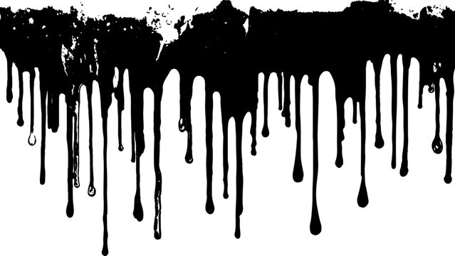 Abstract dripping black paint on white background. Black dripping paint isolated on white background. Dark dripping liquid abstract art. Dark liquid drips downwards, with a glittery, reflective 