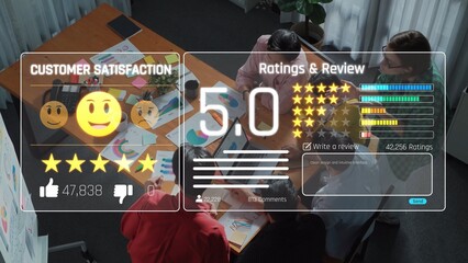 A modern office scene showcasing customer satisfaction metrics, ratings, and reviews. The image...