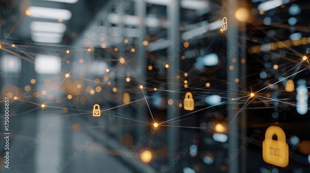 Wall mural abstract representation of cybersecurity with network locks and server background