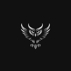 Obraz premium Powerful monochromatic stylized owl emblem with spread wings and fierce eyes on a dark background. Graphic design element for logo or mascot.