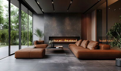 A modern, luxurious living room with brown leather sofas, a linear fireplace, and large windows overlooking a garden.