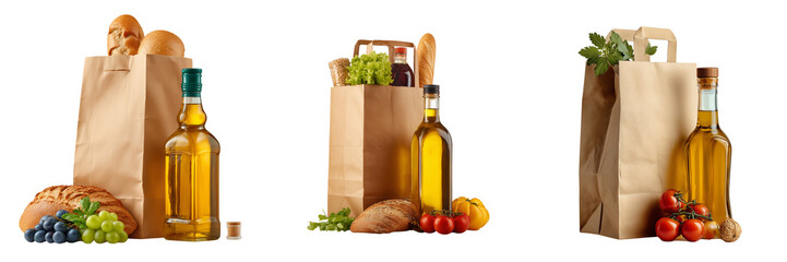 Set of A paper bag filled with fresh fruits and vegetables on transparent png background. Ai generated