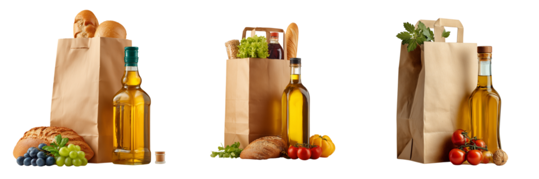 Set of A paper bag filled with fresh fruits and vegetables on transparent png background. Ai generated