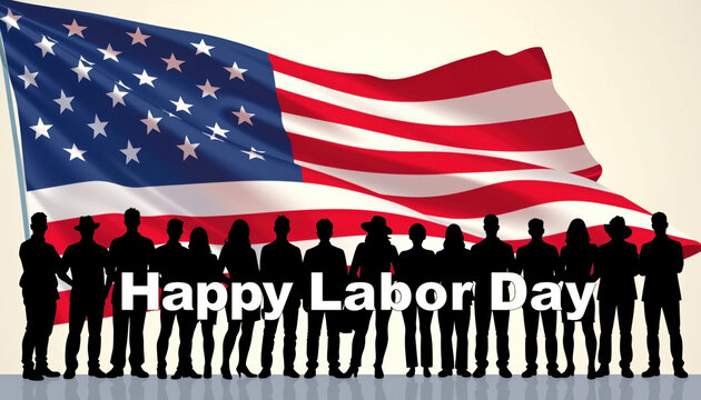 Happy Labor Day American flag silhouette group people celebration unity teamwork pride