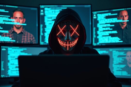 Hacker in Digital Mask Surrounded by Glowing Code Screens with Worried Business Owner Reflection