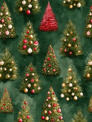 seamless pattern of watercolor christmas trees adorned with red gold and white ornaments against a green backdrop