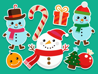 Cute Christmas Stickers with Snowmen Candy Cane Gift Orange and Christmas Tree on Teal