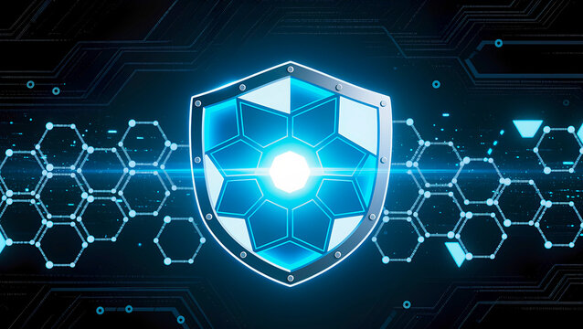 Cybersecurity concept: a digital glowing shield against a futuristic technological network of hexagonal structures and binary code. - Powered by Adobe