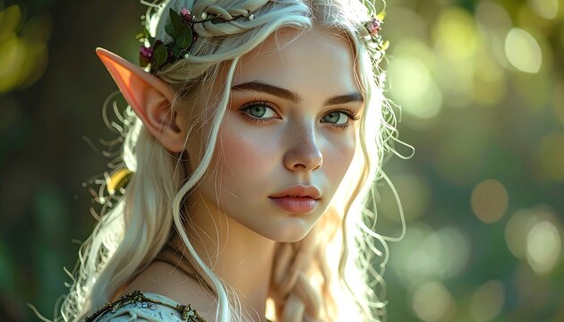 A close-up depicts a young woman with fair skin, elfin ears, and long, blonde hair. She's adorned with a floral crown, framed by a blurred, verdant background