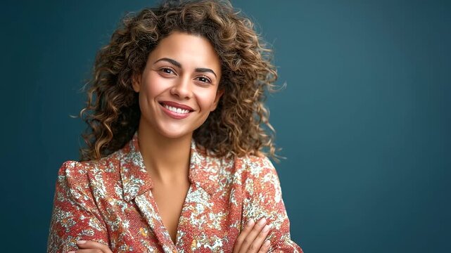 A confident young businesswoman with curly hair from a multiracial background, smiling with arms crossed, diversity, inclusivity, interracial couples, plus-size models, professiona