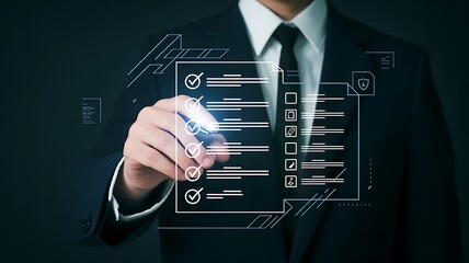Professional in a suit interacting with futuristic checklist concept of data analysis and approval
