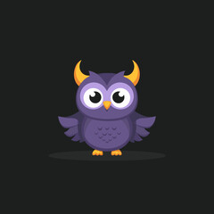 Obraz premium Cute cartoon purple owl with golden horns and big eyes on a dark background. Adorable fantasy creature vector illustration, whimsical design.