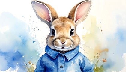 A charming illustration of a bunny wearing a blue collared shirt, set against a soft watercolor backdrop with pastel hues