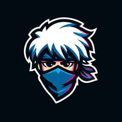 Obraz premium Cool anime-style ninja character head with spiky hair and blue mask. Vibrant esports gamer avatar mascot illustration.