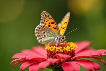 Obraz premium Close-up of a butterfly perched on a vibrant flower petal.
