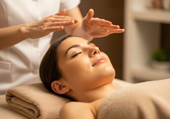 Hands performing reiki healing on womans face at spa