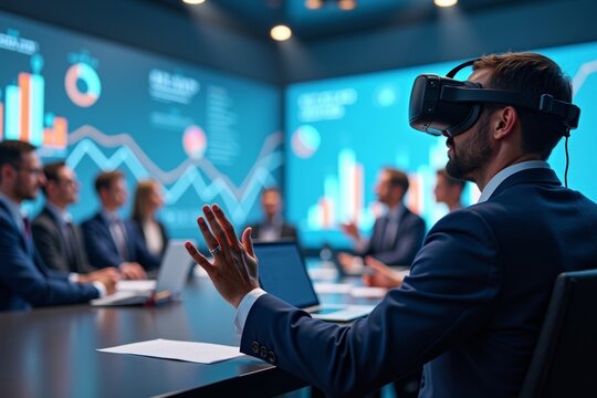 Businessman Engages in Virtual Reality Meeting with Animated Colleagues and Data Visualizations