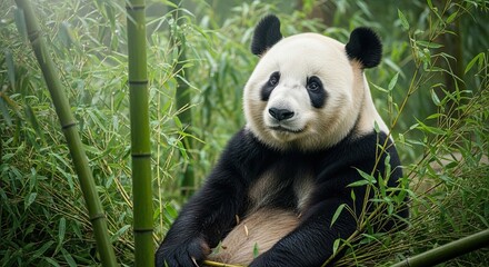 Obraz premium Giant Panda Sitting In Lush Green Bamboo Forest