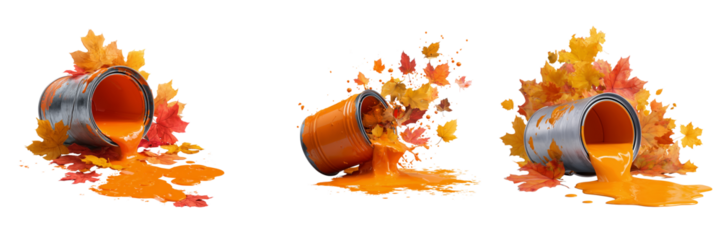 Set of Bright orange paint dramatically spilling from a shiny silver metal bucket on transparent png background. Ai generated