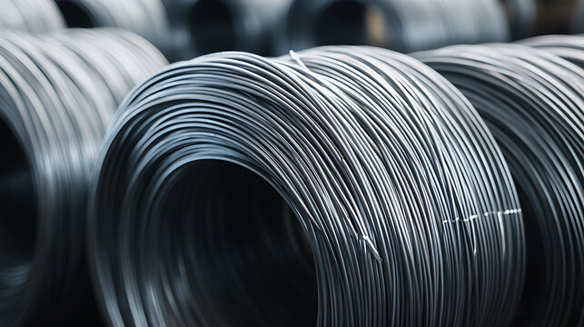 Coils of metallic wire, arranged neatly. Industrial manufacturing concept.