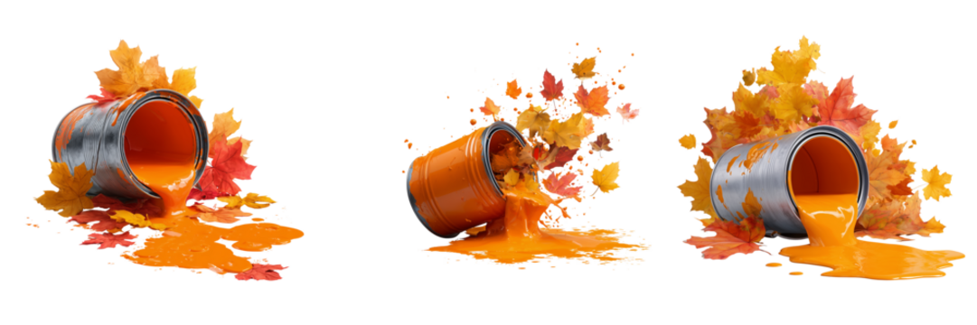 Set of Bright orange paint dramatically spilling from a shiny silver metal bucket on transparent png background. Ai generated - Powered by Adobe