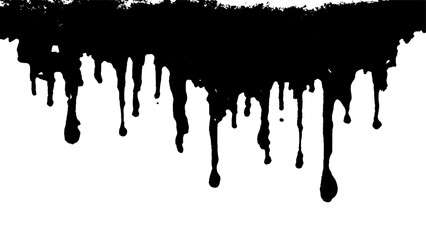 Abstract dripping black paint on white background. Black dripping paint isolated on white background. Dark dripping liquid abstract art. Dark liquid drips downwards, with a glittery, reflective 
