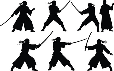 Obraz premium Japanese sword silhouette, martial arts stance, katana combat pose, traditional warrior, kenjutsu technique, samurai training, dynamic motion, discipline