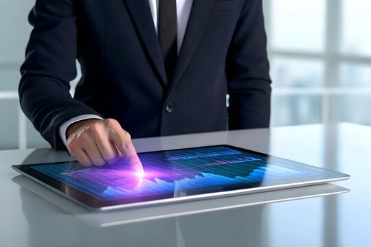 Businessman Analyzing Financial Data on a Digital Tablet Technology & Finance Insights