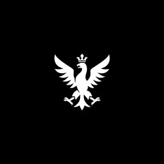 Obraz premium White crowned eagle silhouette vector illustration on black background. Majestic heraldic bird emblem for power and strength.
