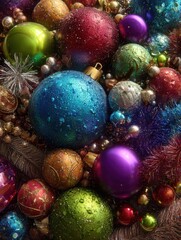 festive colorful ornaments  tinsel closeup
