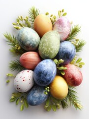 colorful easter eggs arranged on a white background with greenery