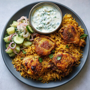 Chicken thigh mandhi rice with cucumber yogurt salad on a steel plate on a white background

