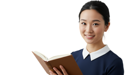 Smiling Asian woman reading a book